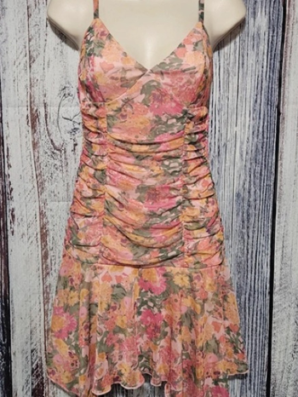 La Ligne Pink Floral Ruched Slip Dress with Yellow & Green Prints